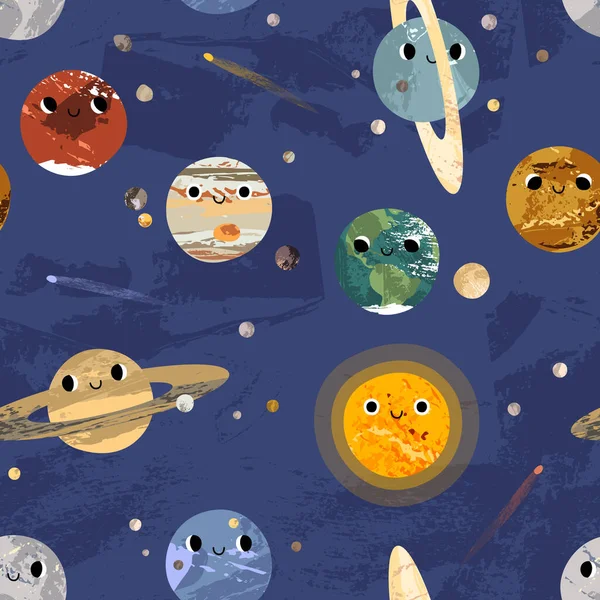 Cute kawaii planet character. Funny celestial body. Solar system Sun, Mercury, Venus, Earth, Moon, Mars, Jupiter, Saturn, Uranus, Neptune. Astronomy. Vector flat cartoon illustration, seamless pattern