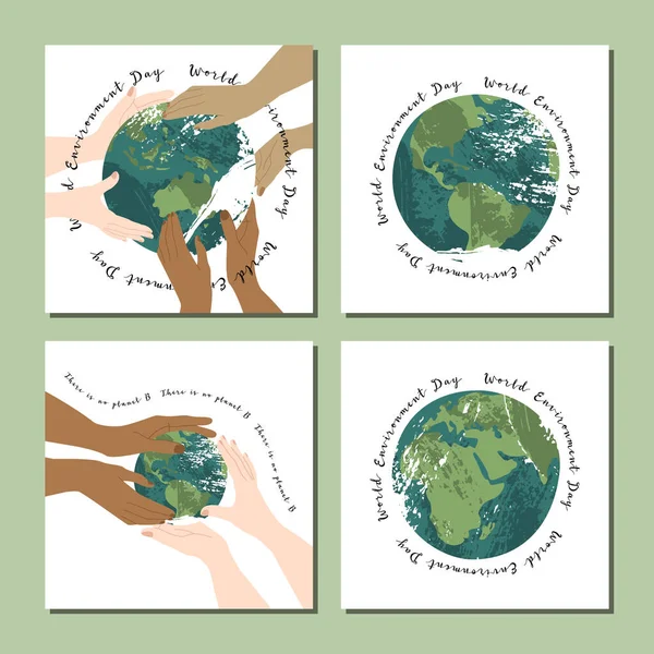 世界環境デー 幸せな母なる地球の日 地球時間 環境保護 手をそっと惑星を保持します ベクトルフラット漫画イラスト — ストックベクタ