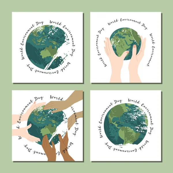世界环境日 地球母亲日快乐地球一小时环境保护 手轻轻地握住地球 矢量平面卡通画 — 图库矢量图片