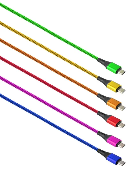 Cabo Micro Usb Cores Diferentes Cabo Conector Sobre Fundo Branco — Fotografia de Stock