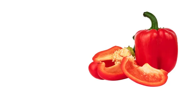 Ripe Bell Peppers Whole Cut Pieces White Background Place Text — Stock Photo, Image