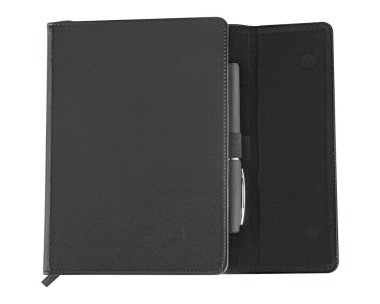 Kırtasiye defteri ve kalem, izole edilmiş, beyaz arkaplan üzerinde