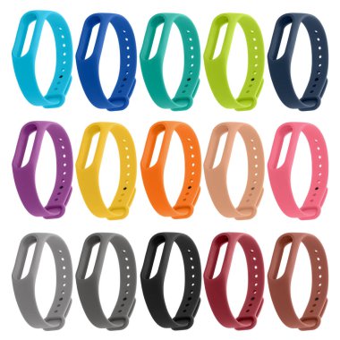 Spor bilekliği için kayış, beyaz arka planda izole edilmiş farklı renklerde silikon kayışlar, kolaj.