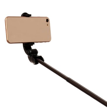 Beyaz arkaplanda izole edilmiş üç ayaklı selfie halka lambası.