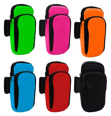 Telefonun çanta çantası, koluna yapışmış, beyaz bir arka planda yürüyen spor için izolasyon, kolaj