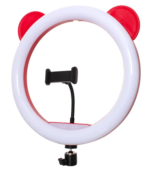 Самодіяльна кільцева лампа з тримачем смартфона, ізольована на білому тлі — стокове фото