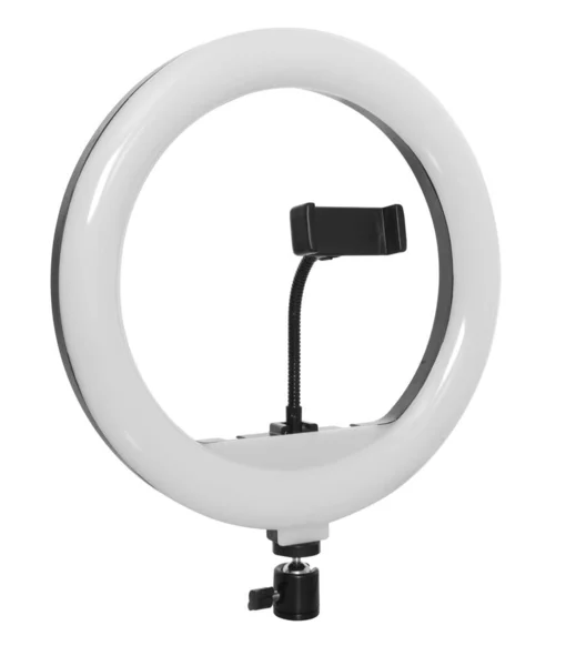 Selfie lampada ad anello con porta smartphone, isolata su sfondo bianco — Foto Stock