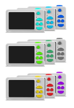 İzolasyon ve kolajda beyaz arka planda çocuk kamerası.