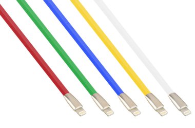 USB, Tip-C, Micro USB, Beyaz zemin üzerinde Şimşek, kolaj için kablo ve bağlantı