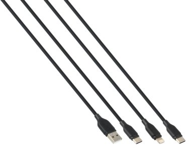 USB, Tip-C, Lightning, beyaz arkaplan için kablo ve bağlantı