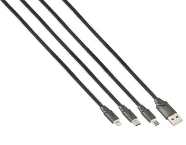 USB, Tip-C, Micro USB, Beyaz zemin üzerinde Şimşek, kolaj için kablo ve bağlantı