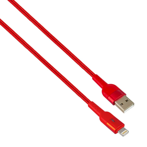 Conector Con Cable Usb Relámpago Rojo Aislado Sobre Fondo Blanco —  Fotos de Stock