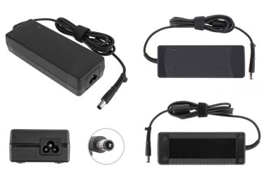 Beyaz arkaplanda dizüstü bilgisayar güç adaptörü, kolaj