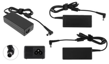 laptop güç adaptörü, dizüstü bilgisayar yedek parçası, beyaz arkaplan, kolaj