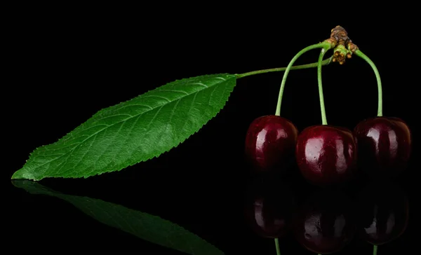 Branch Red Cherry Fruit Leaves Black Background Reflection — Φωτογραφία Αρχείου