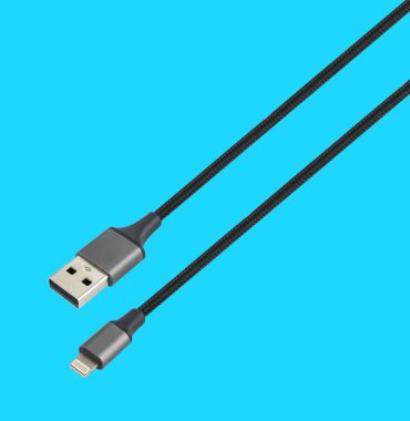 cable with USB and Lightning connector, isolated on a blue background