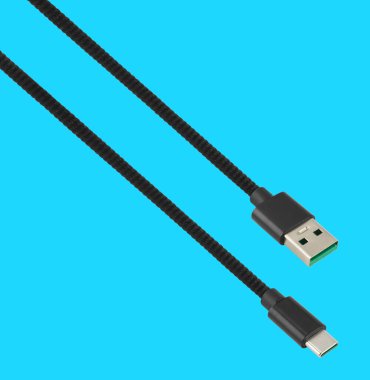 cable with USB and Type-C connector, isolated on a blue background