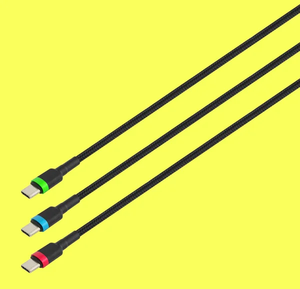 Three Cables Type Connector Rgb Colors Isolated Yellow Background — Stockfoto