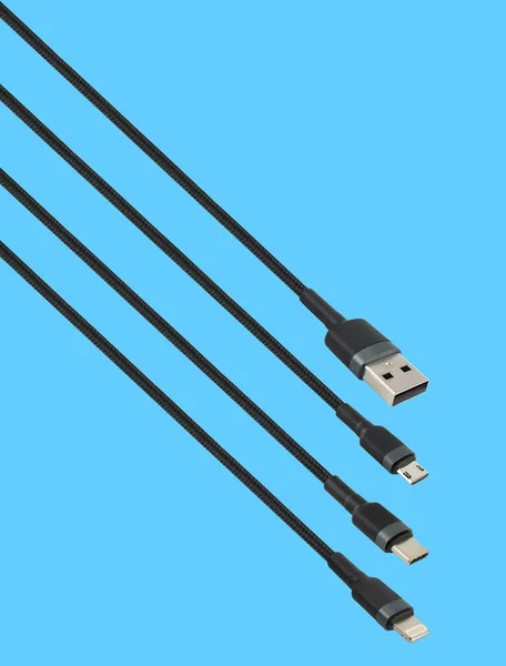 Cable Usb Micro Usb Lightning Type Connector Isolated Blue Background — Zdjęcie stockowe