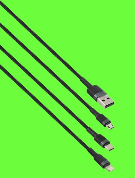 Cable Usb Micro Usb Lightning Type Connector Isolated Green Background — 图库照片