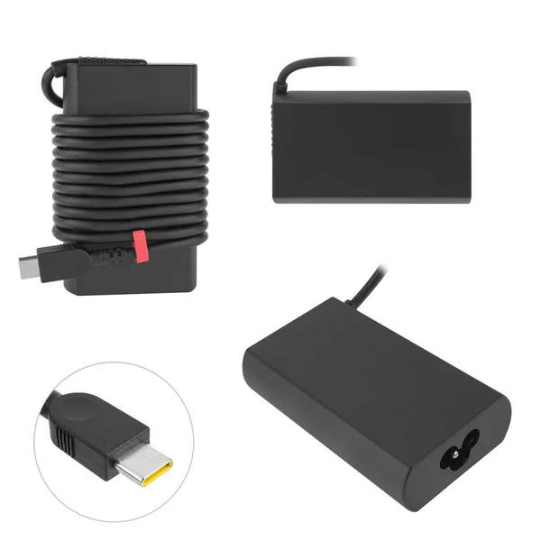 Laptop Power Adapter Laptop Accessory Isolated White Background Collage — Foto de Stock