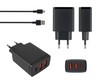 power adapter for phone tablet, accessory for phone, on white background, collage