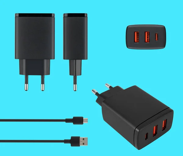 power adapter for phone tablet, accessory for phone, on a blue background in isolation, collage