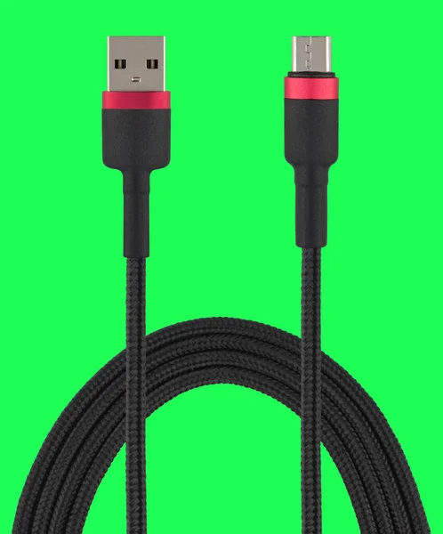 Cable Usb Micro Usb Connector Isolated Green Background — Foto de Stock
