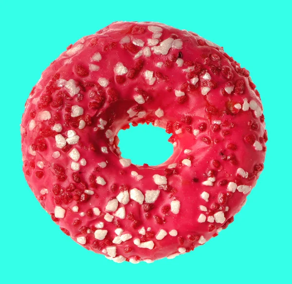 Üppige Donut Mit Sahne Bedeckt Auf Blauem Hintergrund Isolation — Stockfoto