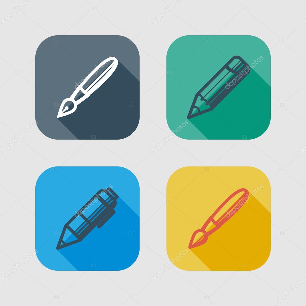 Set of drawing and writing tools. flat icons with long shadows
