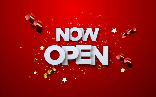 Now Open white sign on red background. — Vettoriale Stock