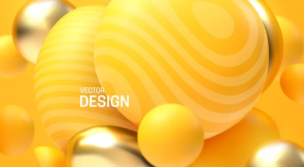 Fondo Abstracto Con Esferas Dinámicas Burbujas Plástico Amarillo Dorado Ilustración — Vector de stock