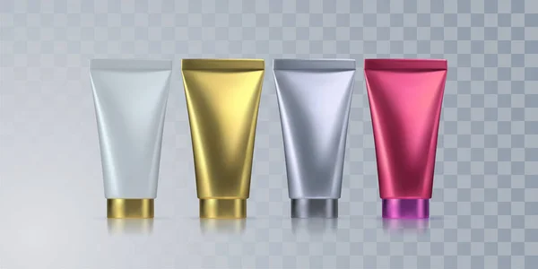 透明な背景に隔離されたクリームチューブ ベクトル3Dイラスト 化粧品パッケージモックアップ スキンケア製品のコンセプト 多色化粧品ボトル — ストックベクタ