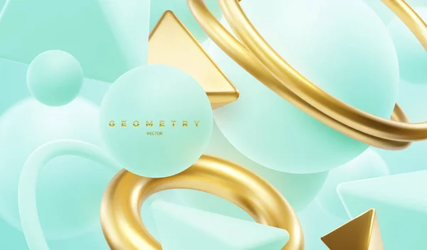 Turquoise Golden Geometric Shapes Backdrop Abstract Elegant Background Rings Spheres — Vetor de Stock