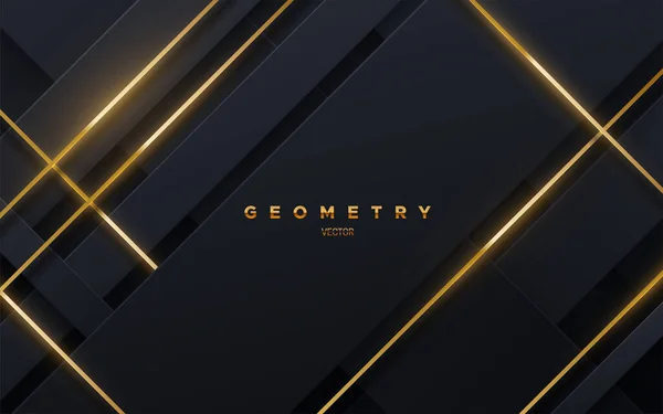 Abstracte Zwarte Achtergrond Met Gouden Gloeiende Snaren Vector Illustratie Geometrische — Stockvector