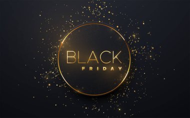 Kara Cuma indirim posteri. Ticari indirimli etkinlik afişi. Siyah yuvarlak kağıt şekilli, altın parıltılarla süslenmiş. Vektör işi illüstrasyonu. Reklam işareti.