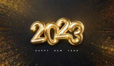 Mutlu 2023 yılları. Vektör tatil illüstrasyonu. Siyah arkaplandaki altın sayılar parıldayan parıltılarla desenlendirilmiş. Patlayan ışık ışınları ile festival afişi. Modern poster veya kapak tasarımı