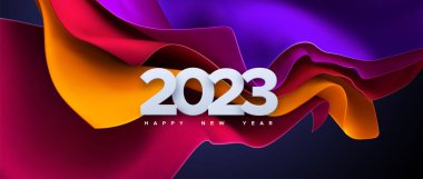 Mutlu 2023 yılları. Renkli kumaş arka planında 2023 numaralı kağıt kesiğinin vektör tatil illüstrasyonu. Bayram afişi. Poster veya kapak tasarımı için dekorasyon ögesi