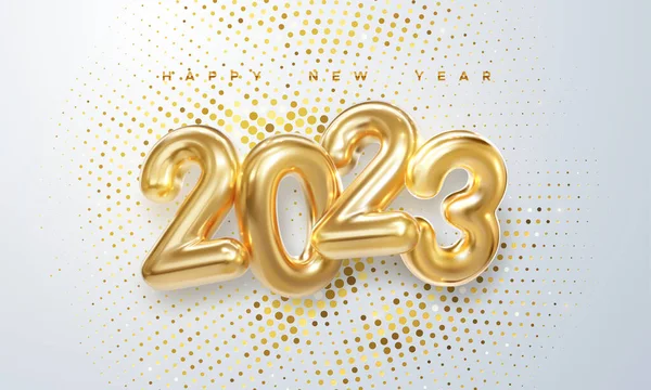 Happy New 2023 Year. Holiday vector illustration of golden metallic numbers 2023 and sparkling glitters pattern. Realistic 3d sign. Festive poster or banner design