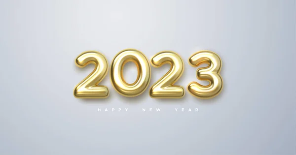 Happy New 2023 Year. Holiday vector illustration of golden metallic numbers 2023. Realistic 3d sign. Festive poster or banner design