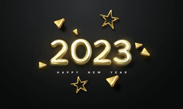 Happy New 2023 Year. Holiday vector illustration of golden metallic numbers 2023 and ornamental shapes. Realistic 3d sign. Festive poster or banner design