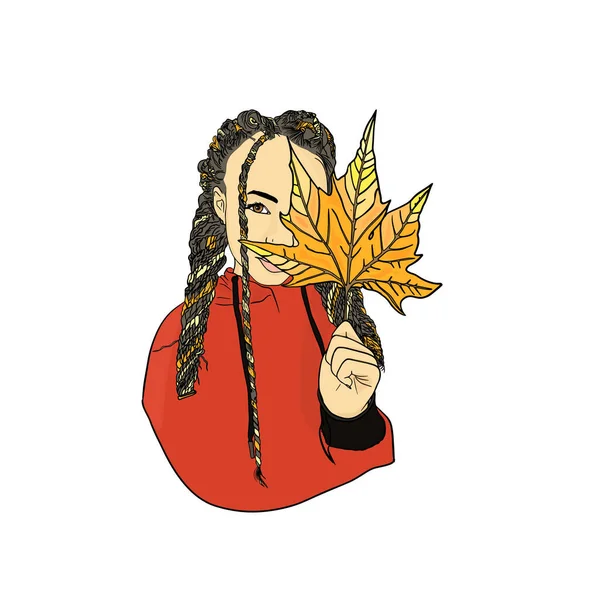 Vector Illustration Girl Maple Leaf Autumn Cute Girl Braids Weekend — Stockvektor