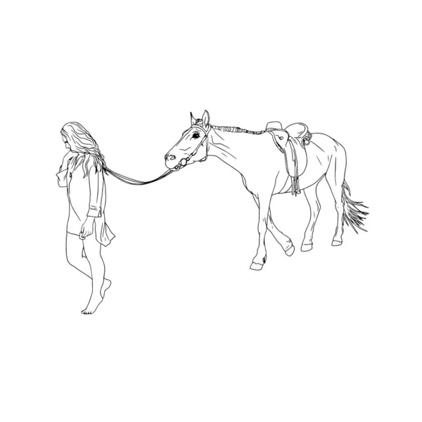 Atı Olan Bir Kızın Izole Bir Çizimi Binme Çiftliği Logo — Stok Vektör