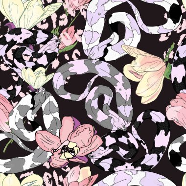 Yılanın kusursuz bir temsili, kelebekler, soyutlamalar, renkli arka planda çiçekler. Kağıt, kartpostal, bebek giysisi, yatak ve tekstil baskısı için soyutlama deseni