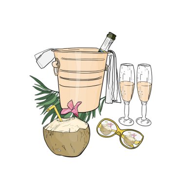 İzole edilmiş şampanya şişesi, hindistan cevizi, güneş gözlüğü. Tekstil, tasarımcılar, ambalaj kağıdı, etiket, kart, maket için tropik bir kutlama seti