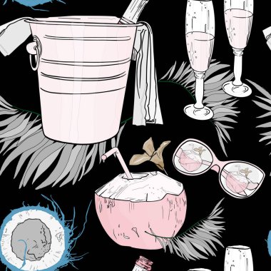 Vektörsüz tropikal desen. Kovadaki şampanyayı, hindistan cevizini, tropikal yaprakları, şampanya bardaklarını, tekstil, tasarımcılar, ambalaj kağıtları, giysiler için güneş gözlüklerini..