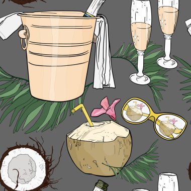 Vektörsüz tropikal desen. Kovadaki şampanyayı, hindistan cevizini, tropikal yaprakları, şampanya bardaklarını, tekstil, tasarımcılar, ambalaj kağıtları, giysiler için güneş gözlüklerini..