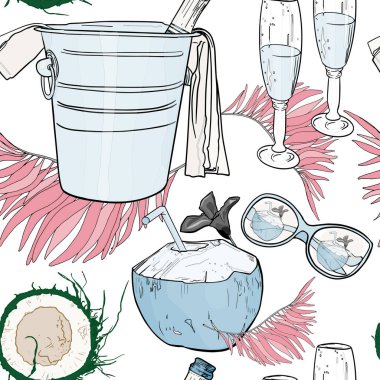 Vektörsüz tropikal desen. Kovadaki şampanyayı, hindistan cevizini, tropikal yaprakları, şampanya bardaklarını, tekstil, tasarımcılar, ambalaj kağıtları, giysiler için güneş gözlüklerini..