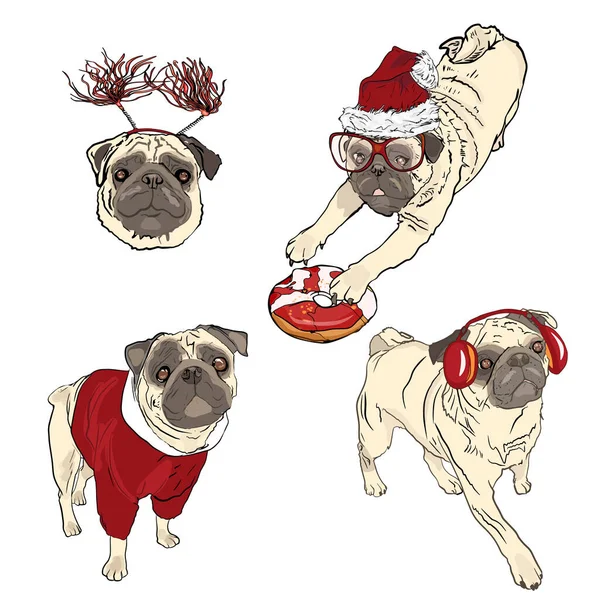 Vektor Illusztrációja Egy Sor Mopszli Karácsonyi Kutyák Textilre Nyomtatva Üres — Stock Vector