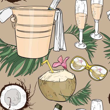 Vektörsüz tropikal desen. Kovadaki şampanyayı, hindistan cevizini, tropikal yaprakları, şampanya bardaklarını, tekstil, tasarımcılar, ambalaj kağıtları, giysiler için güneş gözlüklerini..